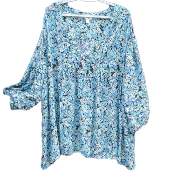 Terra & Sky Womens 4X Blouse Long Sleeve Floral Blue Pink 100% Rayon VNeck Elast